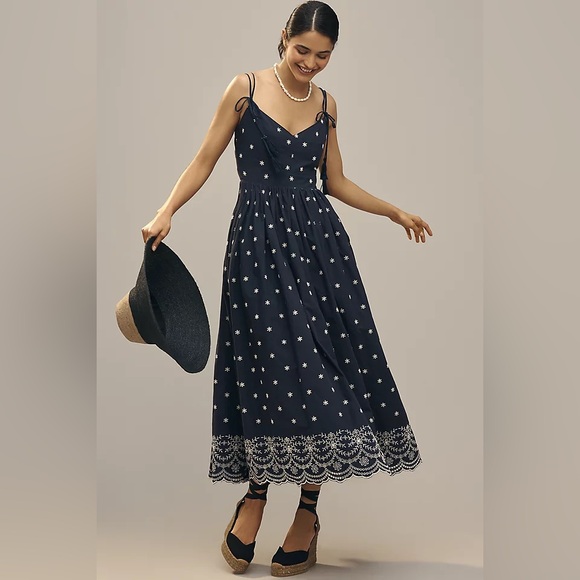 En Saison Dresses & Skirts - En Saison Navy Blue Star Midi Dress with White Embroidered Hem